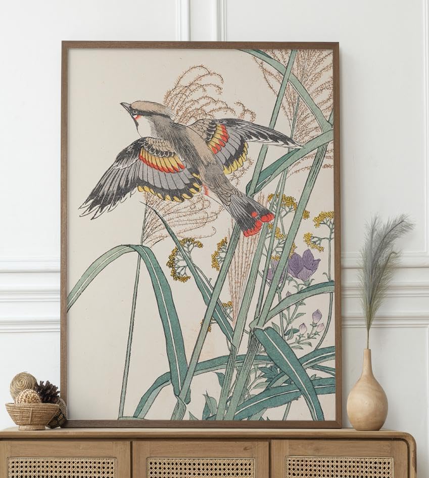 Amazon.co.jp: NO.502A4秋にススキと野鳥の日本画アートポスター和